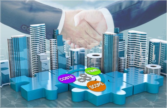 graphic of handshake over buildings on puzzle pieces with costs time and scope around gear